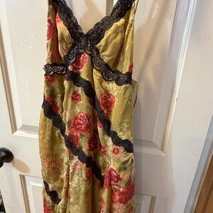 Free People Olive Slip Chemise with Rose Floral Print and Black Lace